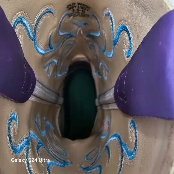 Old West Western Boots Purple Brown Leather Square Toe Cowboy Cowgirl Girls 3.5D - Picture 8 of 9